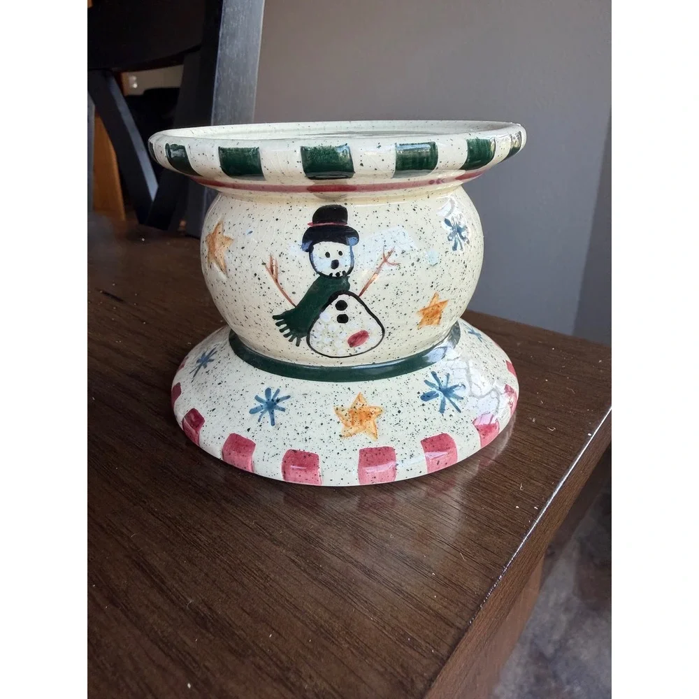 Set of 3 Christmas Ceramic Pillar Candle Holders Snowman Angel Tree Holiday